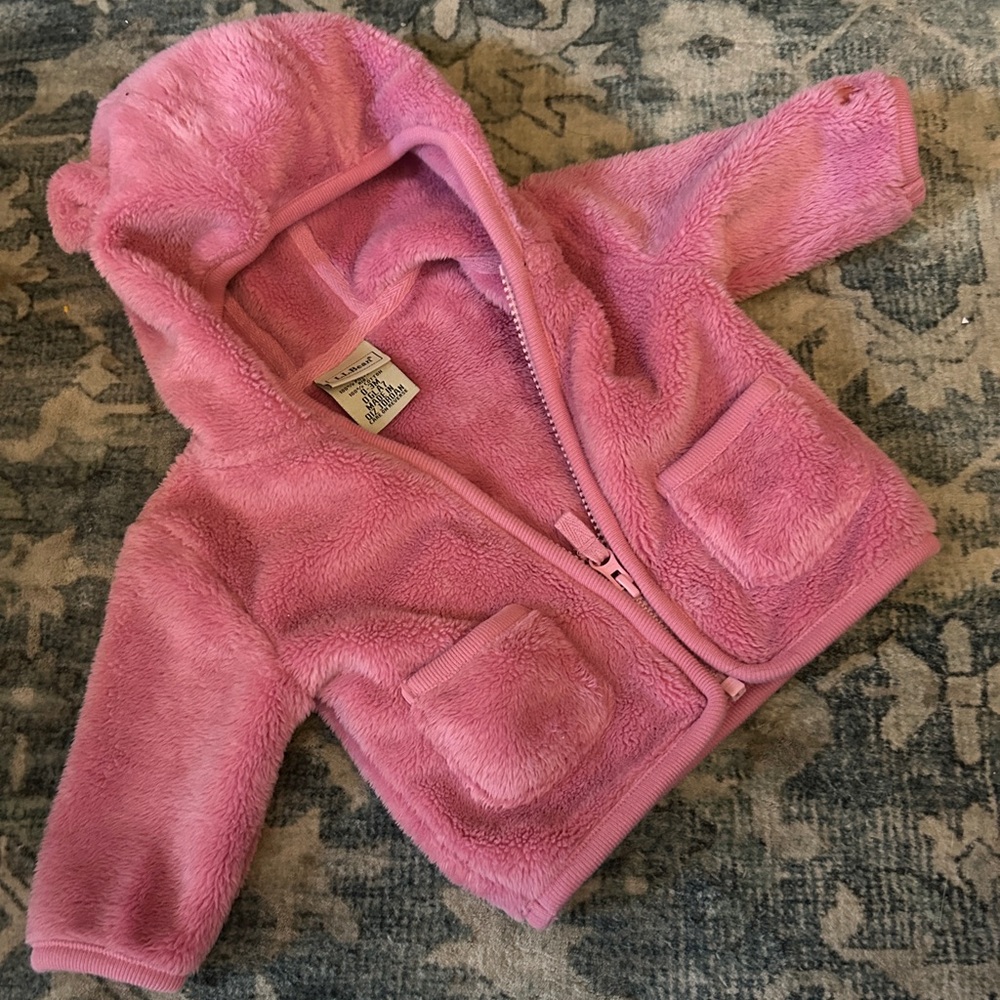 L.L. Bean Hi Pile Fleece Pink Fleece Jacket with Bear Ears Hood